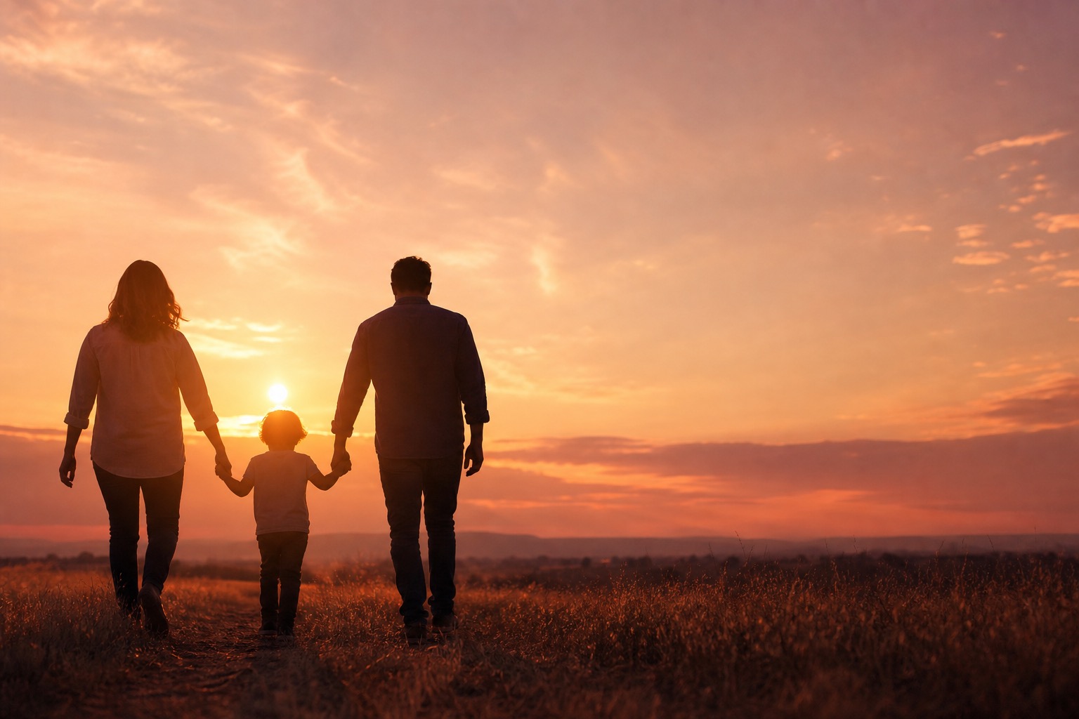 Family silhouette at sunset