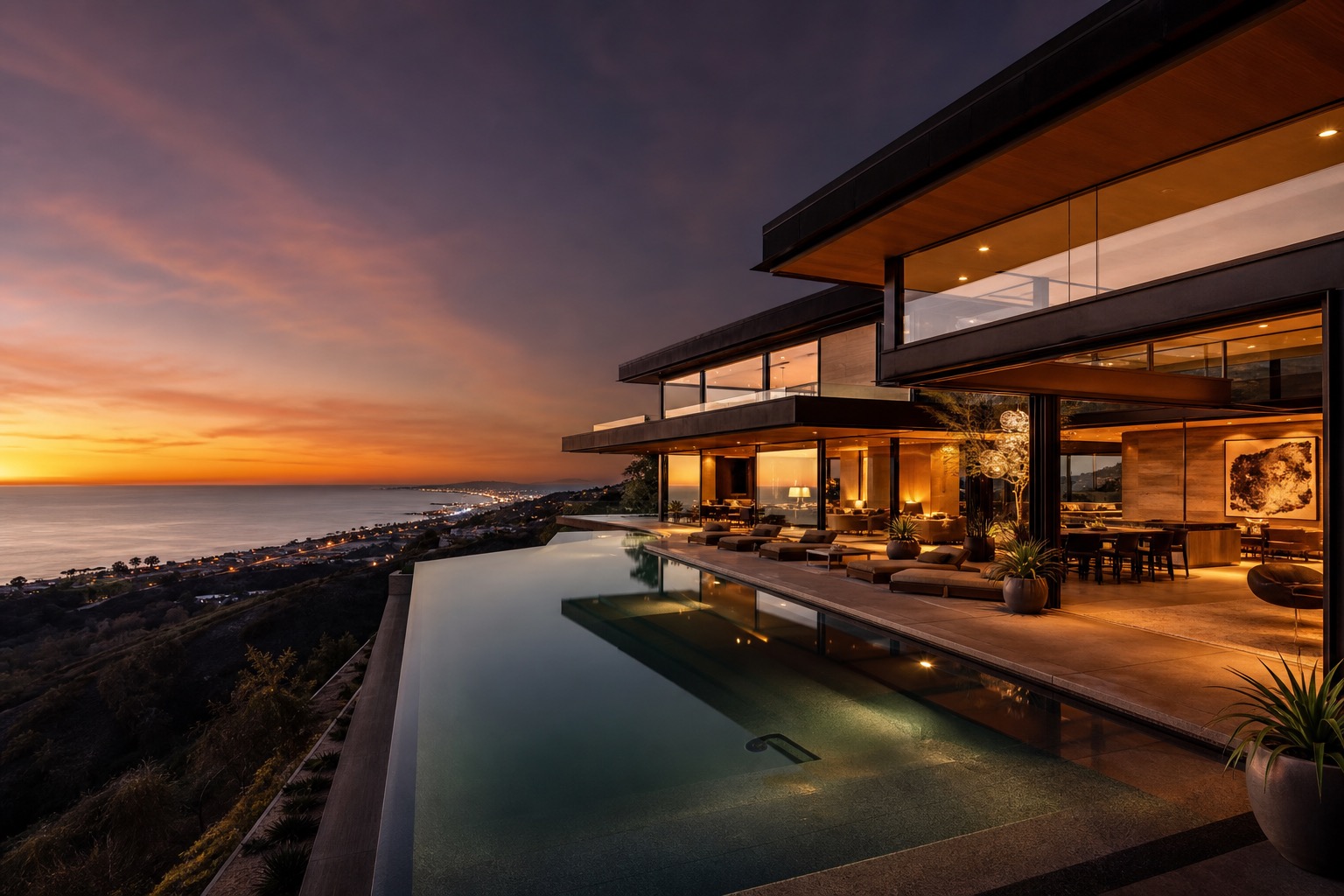 Luxury residence with pool at dusk